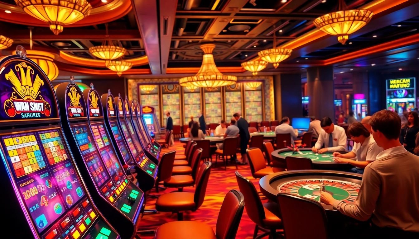 Bangsawan88 players enjoy dynamic slot machines and poker games in a luxurious casino setting.