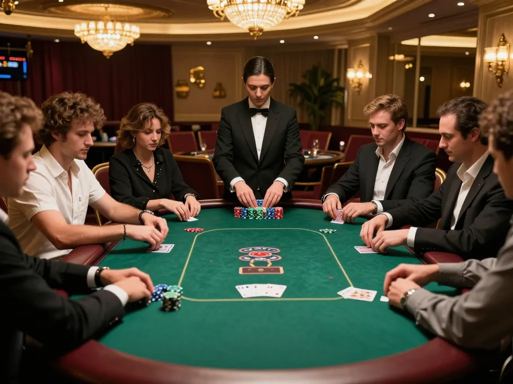 Players strategizing at a lively poker table in LC88 casino environment with warm lighting.