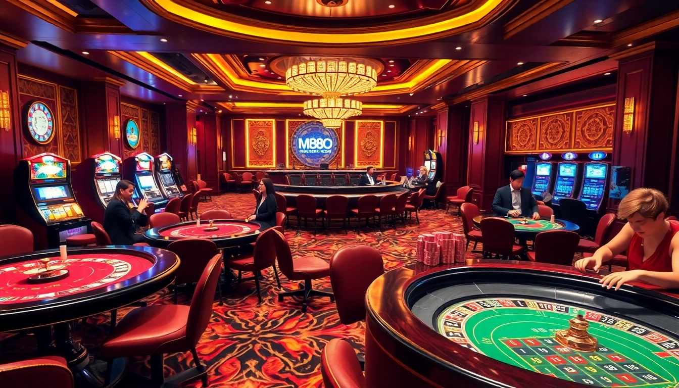 A lively casino scene at https://mm88.bar/ featuring poker tables, vibrant slot machines, and enthusiastic players.