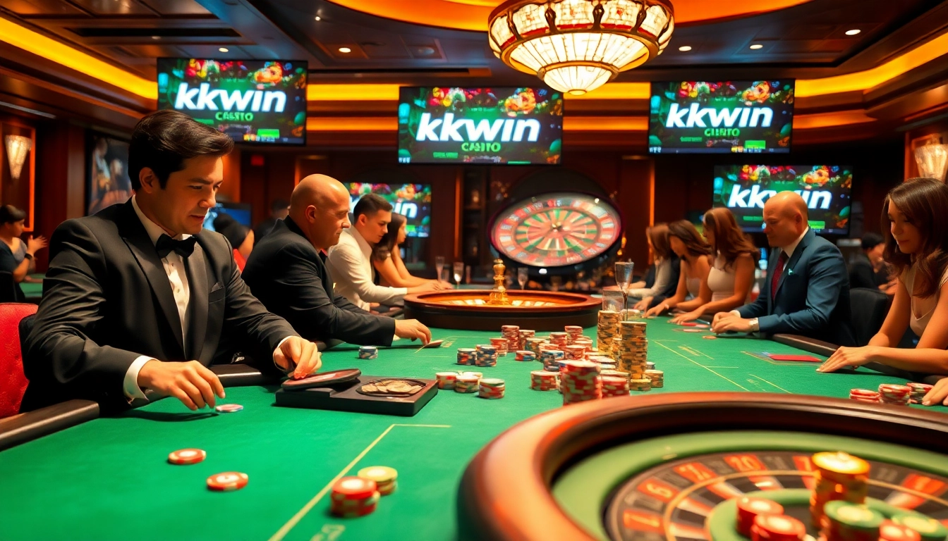 Engaged players strategizing and winning at kkwin.com poker tables in a luxurious casino setting.