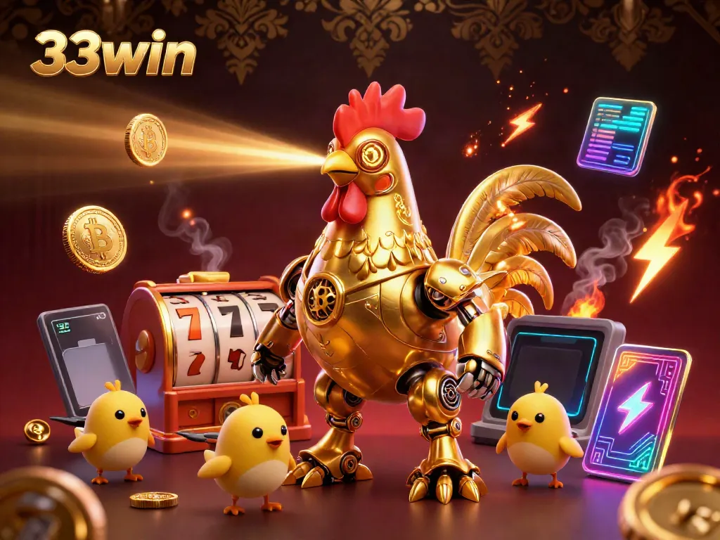 Experience thrilling gaming at 33win with a dynamic illustration featuring a futuristic golden rooster and crypto elements.