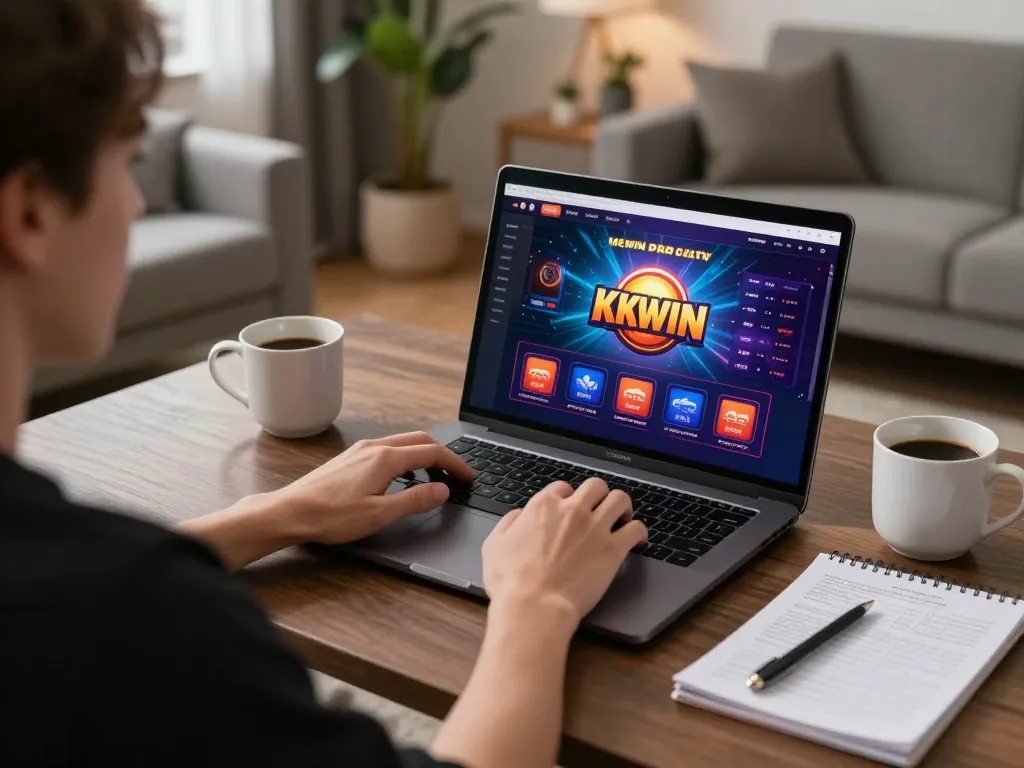 Engaging online gambling experience at KKWIN with a player using a laptop in a comfortable setting