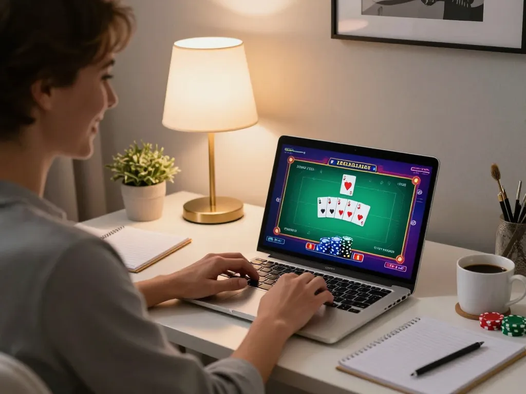 QQ88pro Vip player engages in online poker from a stylish home office, showcasing strategy and enthusiasm.