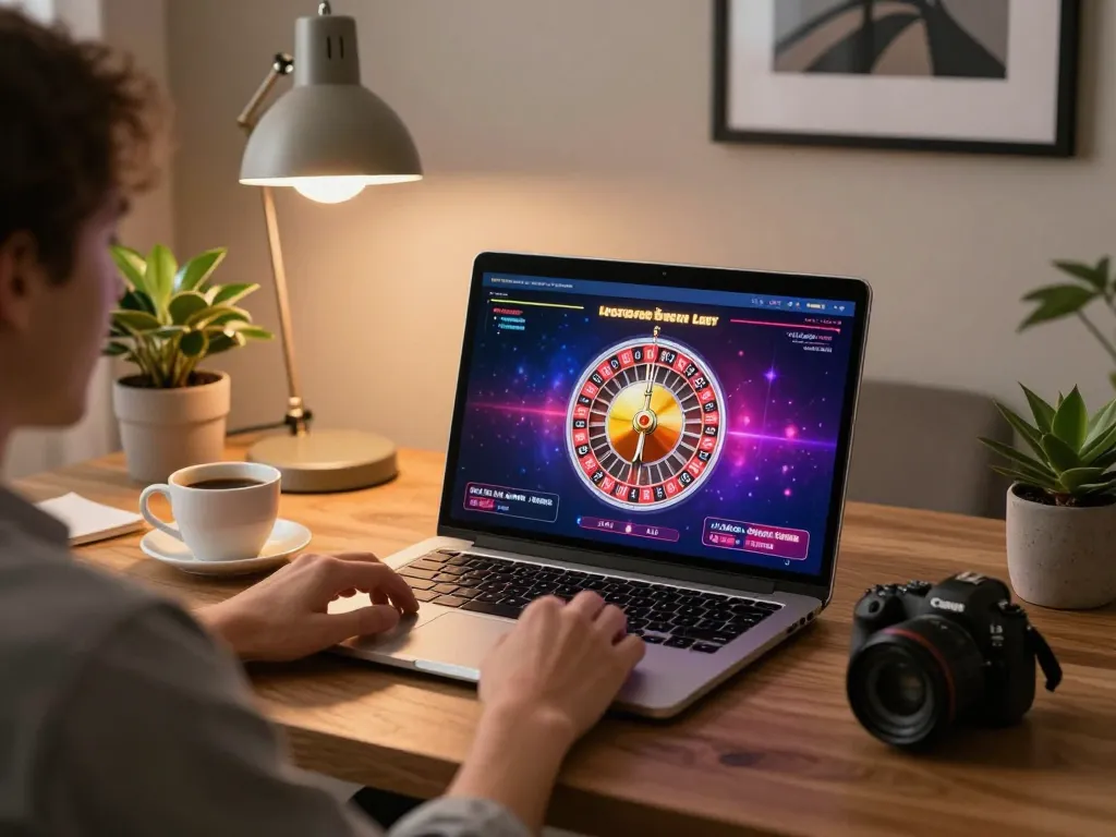 Hubet online gaming session with a stylish laptop at home, showcasing roulette interface and strategic betting notes