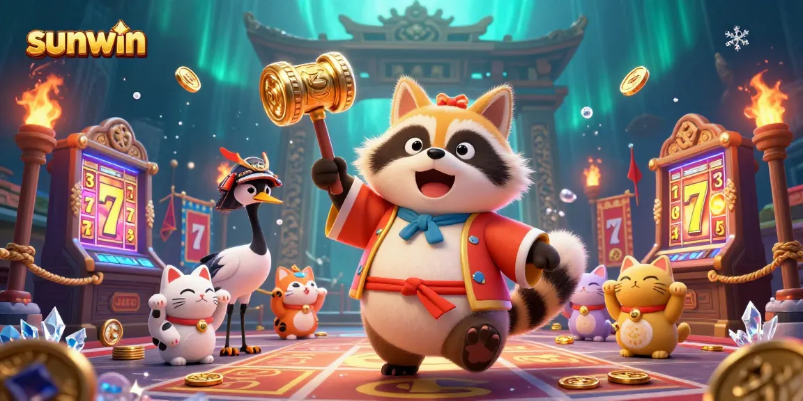 Experience the excitement with sunwin's joyful tanuki and colorful companions celebrating wins.