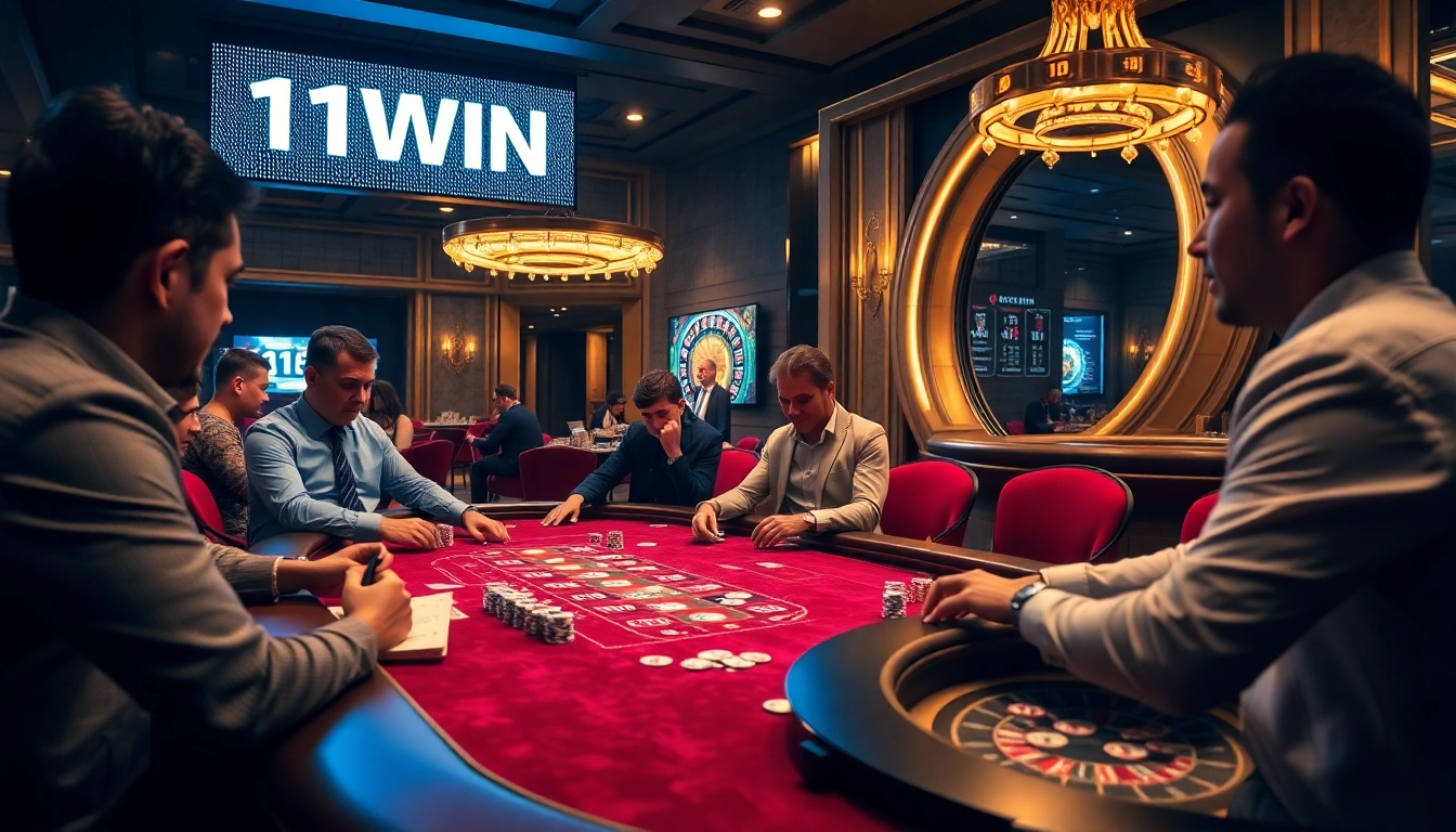 Players strategizing at a poker table in a luxurious casino environment featuring 11WIN branding.