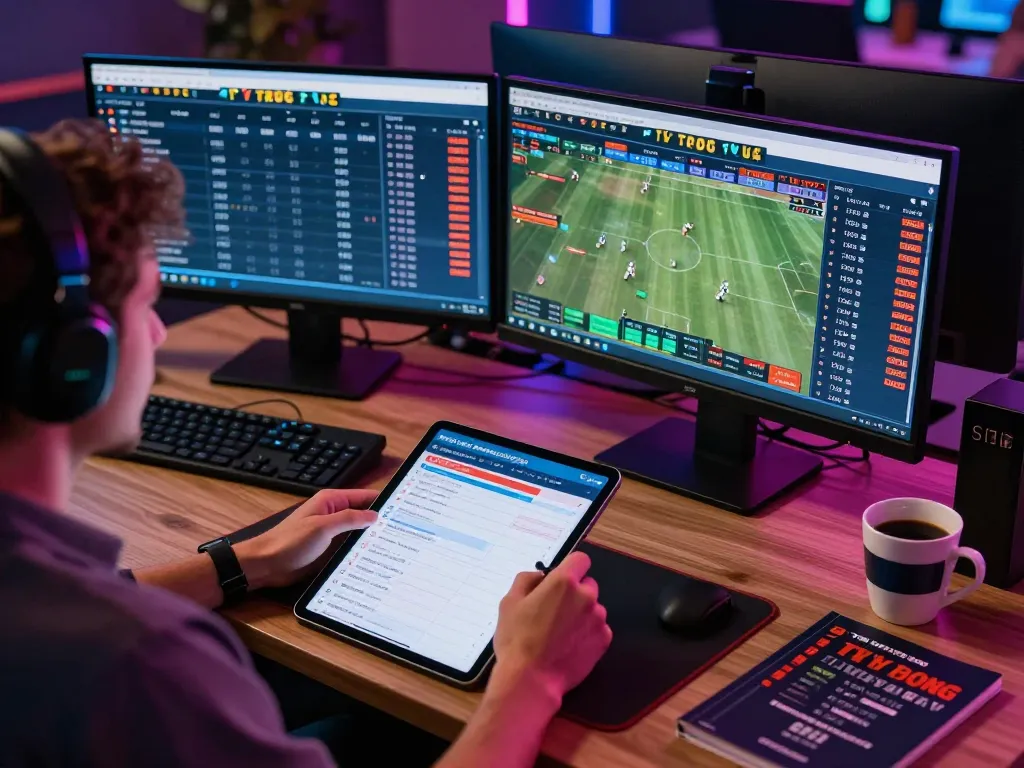 Tỷ lệ bóng đá displayed on dual monitors during an online sports betting session, capturing strategic gameplay and excitement.