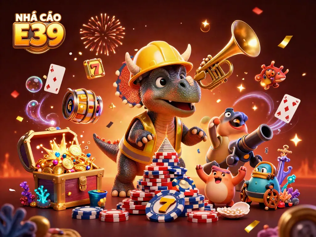 Experience the excitement with NHÀ CÁI E39 as characters build poker chip pyramids amidst vibrant casino elements.