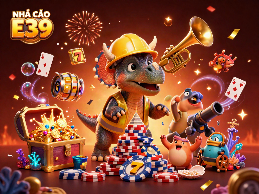 Experience the excitement with NHÀ CÁI E39 as characters build poker chip pyramids amidst vibrant casino elements.