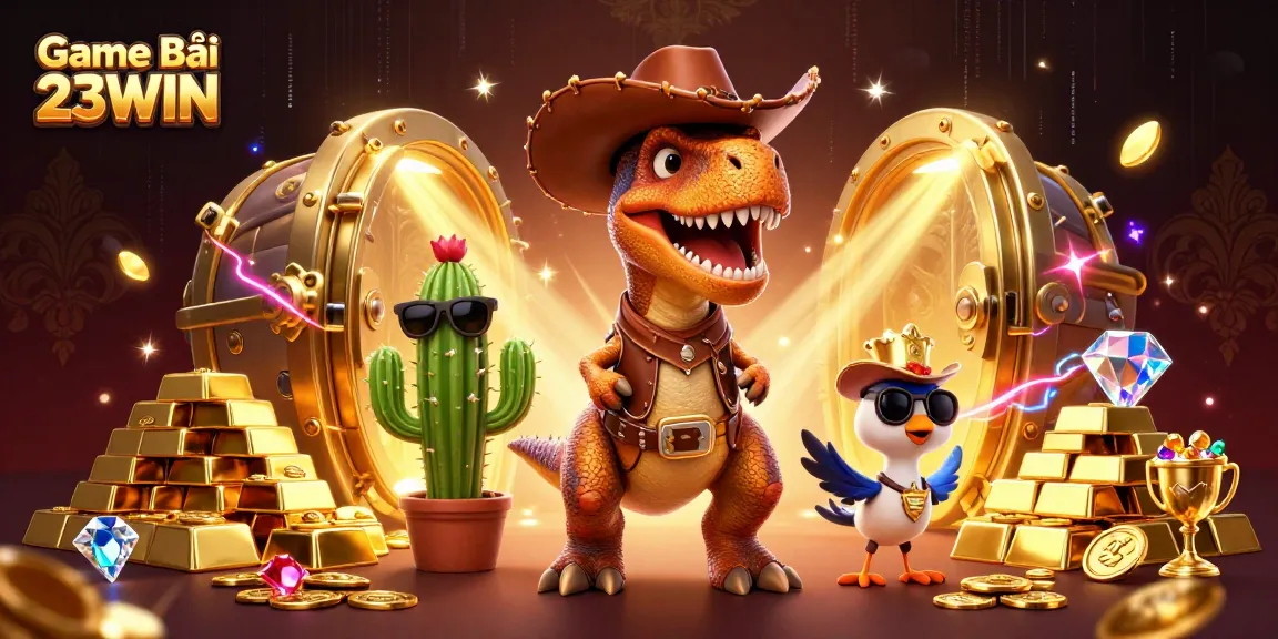 Game Bài 23WIN showcases thrilling cowboy characters and gold treasures in a captivating casino scene.