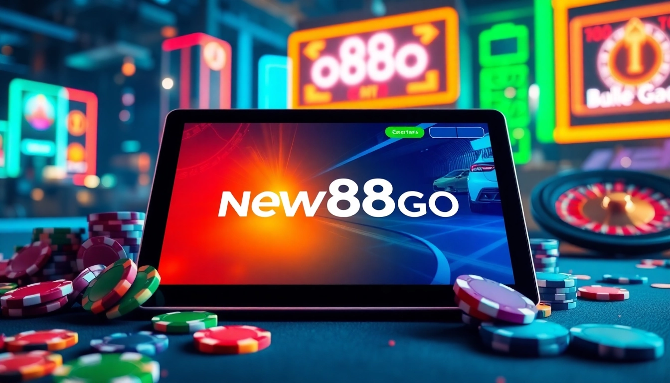 Experience thrilling online gaming at new88go.com with vibrant visuals of casino elements and modern technology.