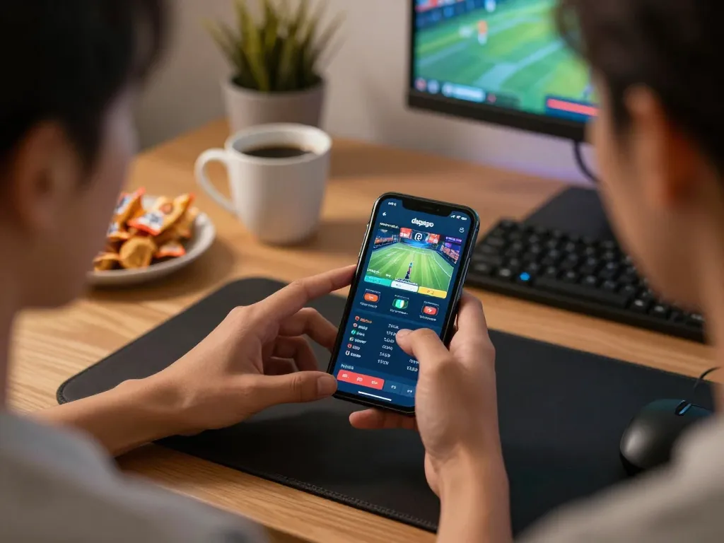Engaging moment of a user placing bets on the dagago betting app in a cozy home setup
