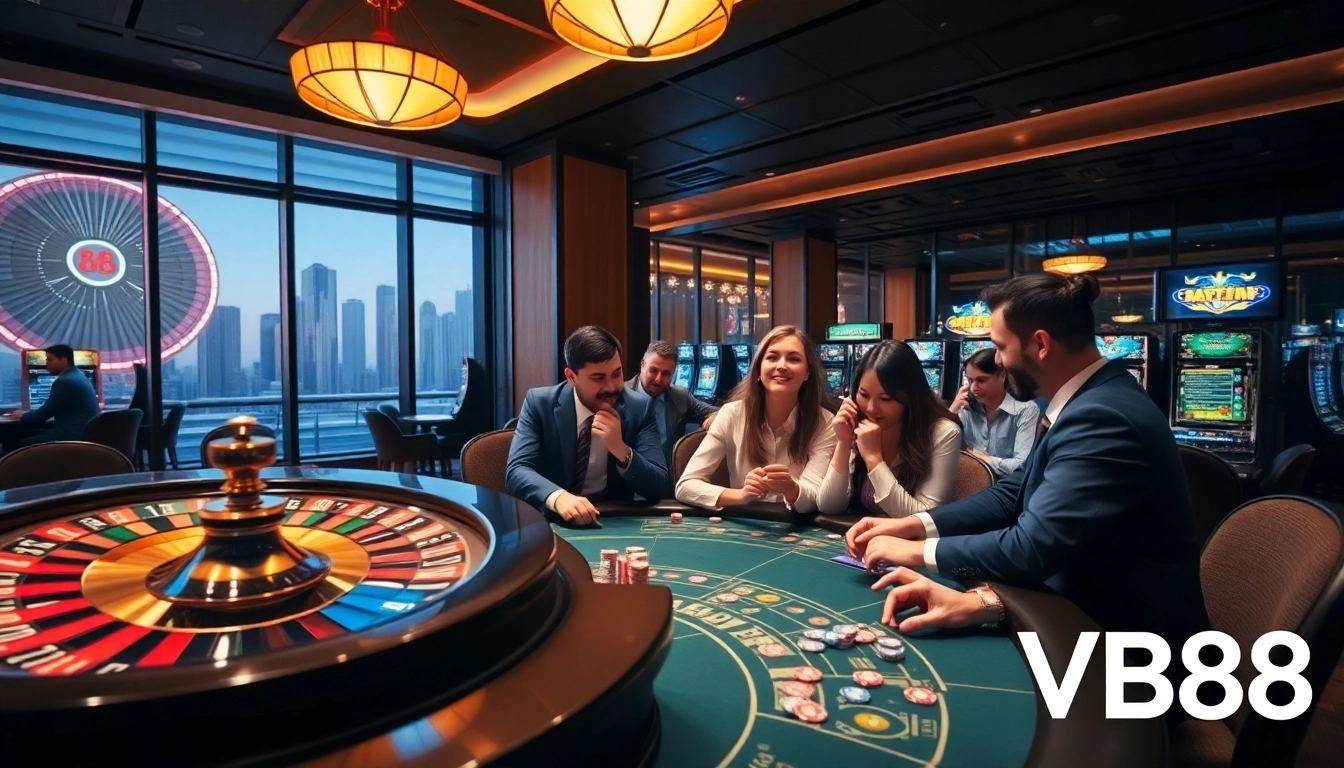 Engage with VB88 strategies at an exciting casino table, showcasing poker chips and roulette wheel.