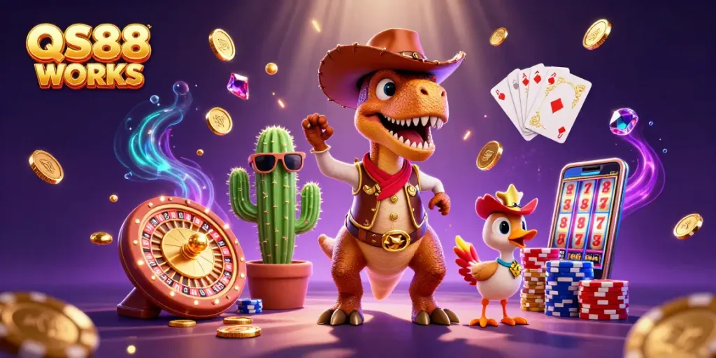 Engage in winning strategies at QS88 WORKS with a vibrant casino-themed illustration.