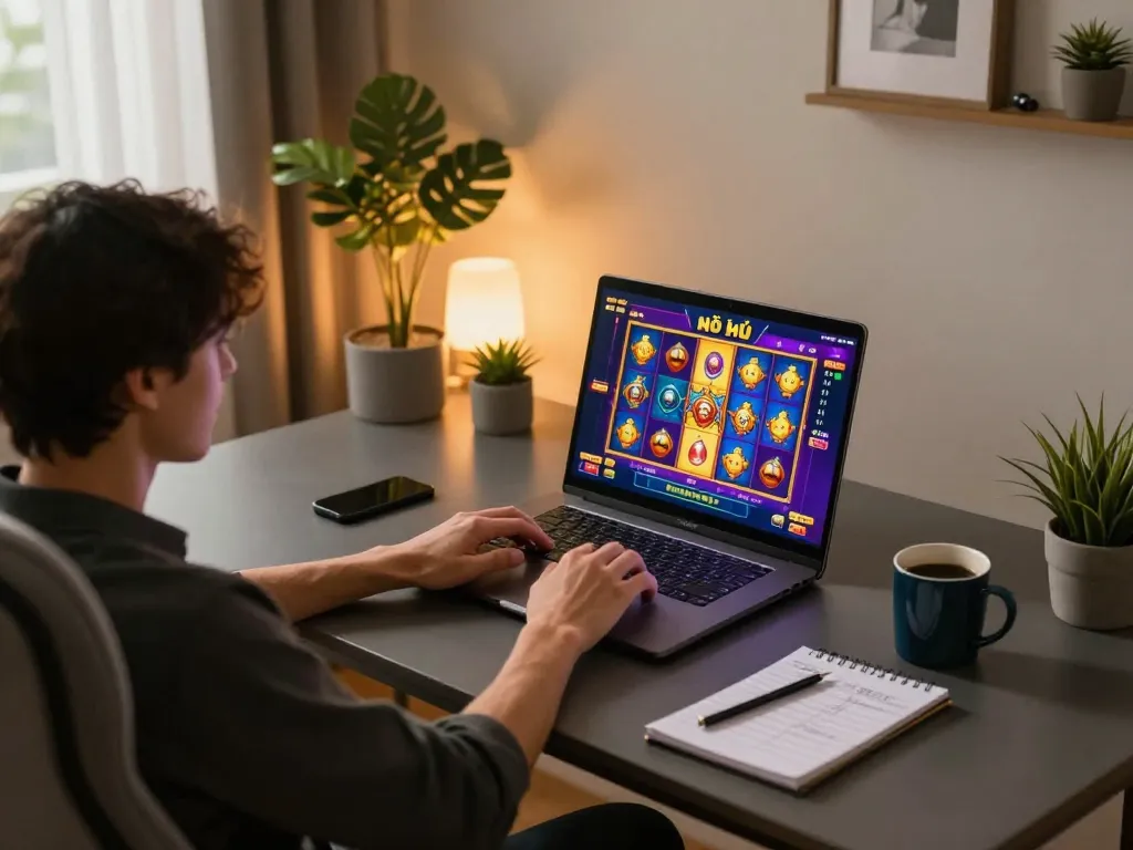 Nổ hũ gameplay on a laptop in a cozy home setup, showcasing a strategic gambling environment.