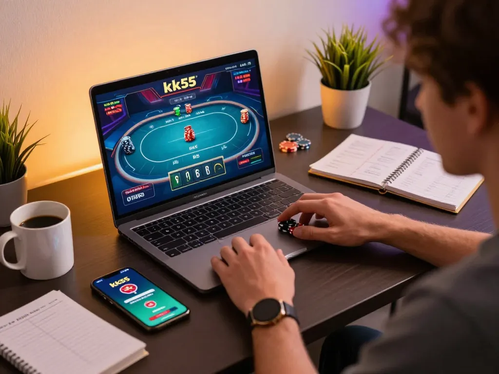 Engaging in online poker on kk55 app at a modern gaming setup with personal touches and warm lighting.