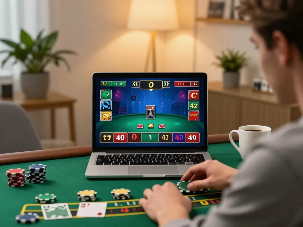 Player strategizing in a live dealer blackjack game at u888, showcasing home gaming setup.