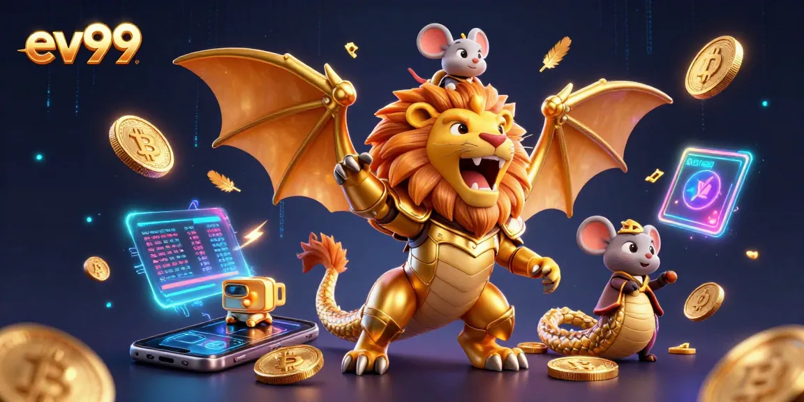 Join the excitement with ev99 in this vibrant 3D casino illustration of roaring chimera and crypto elements.