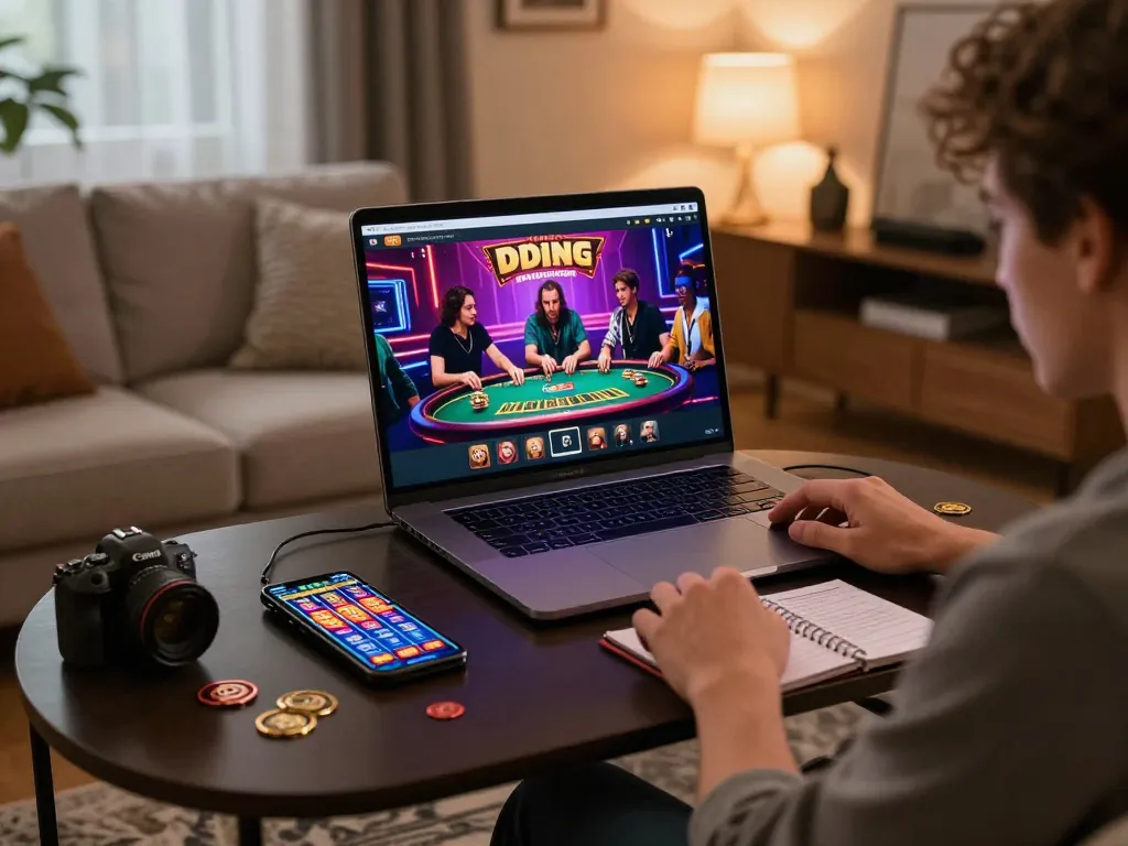 Engaged players at fly88 enjoying online casino games in a cozy living room setting.