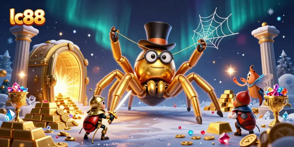 Immerse in the world of lc88 as a golden tarantula weaves a casino web amidst gems and treasures.