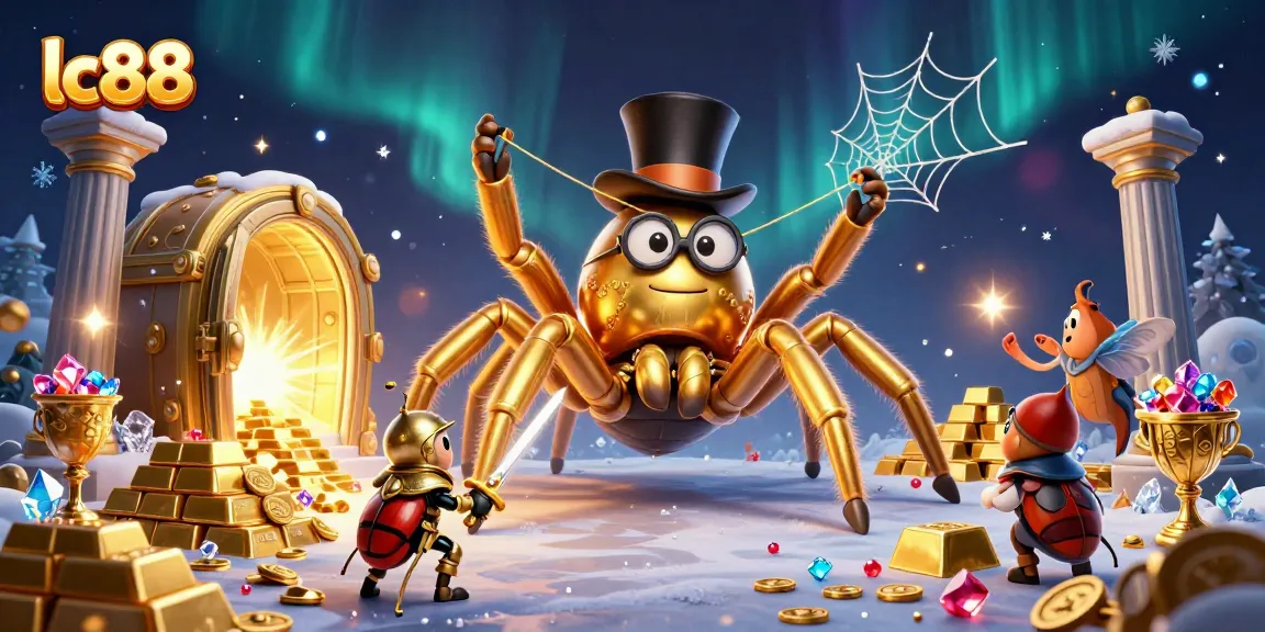 Immerse in the world of lc88 as a golden tarantula weaves a casino web amidst gems and treasures.