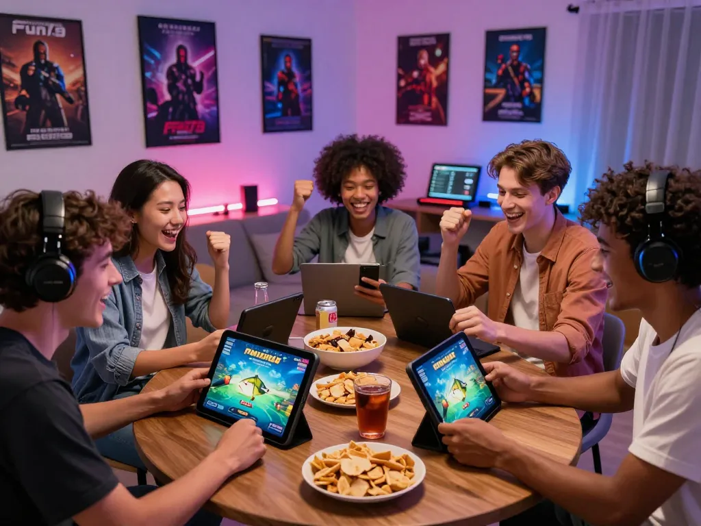 Friends celebrating while playing fun79 online fishing game together, showcasing joy and excitement in a vibrant gaming setup.