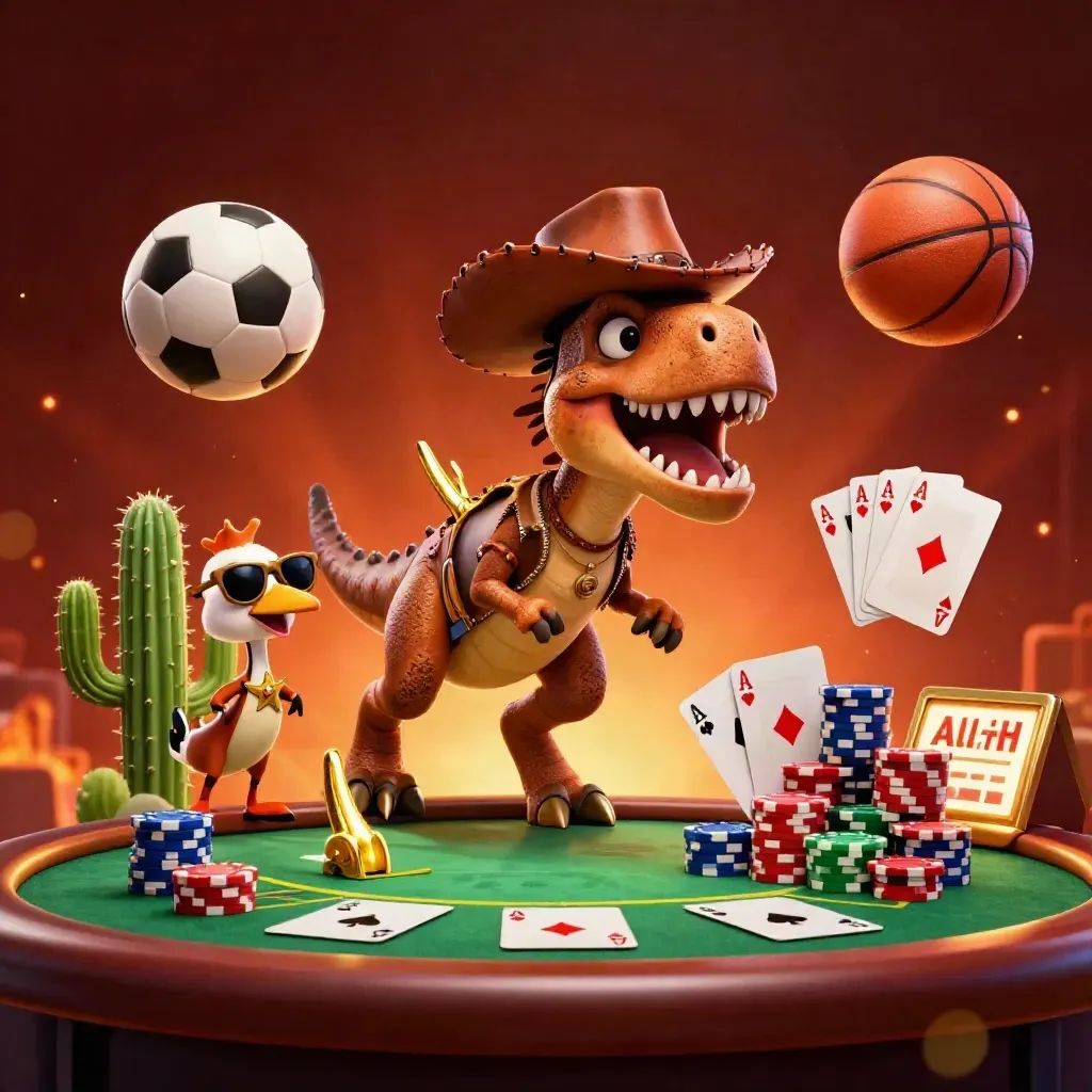 Cowboy T-Rex, cactus and roadrunner amid casino chips, cards and blazing arena light
