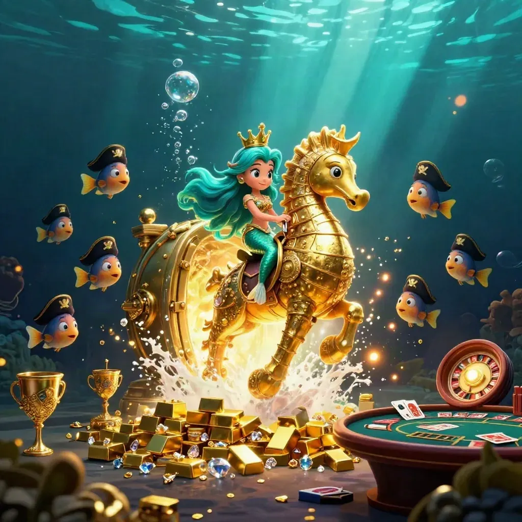 Mermaid princess on armored seahorse amid treasure vault, pirate fish, casino table, and glowing gold undersea action.