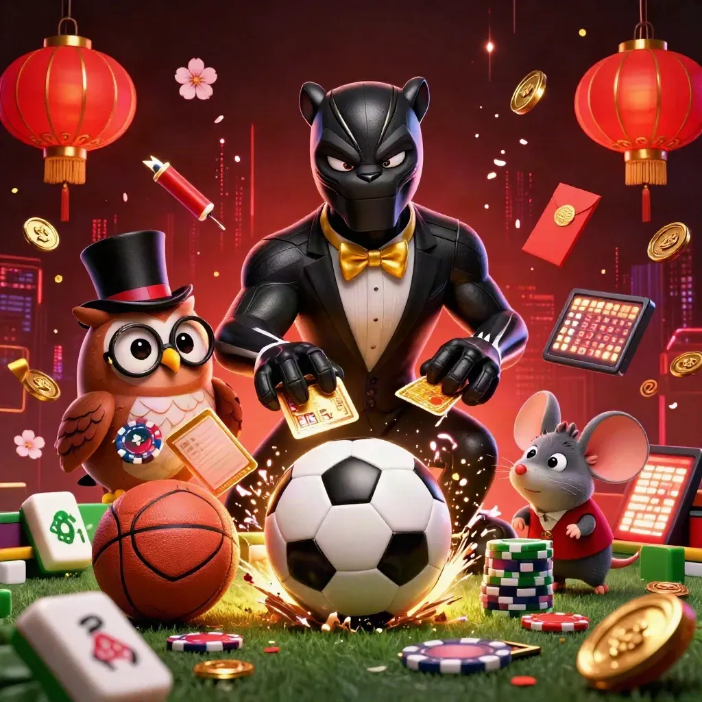 Panther, owl, and mouse amid a soccer ball burst, chips, lanterns, and casino glow.