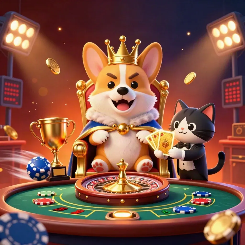 Royal corgi and cat butler amid spinning chips, balls, trophy, coins, and casino lights