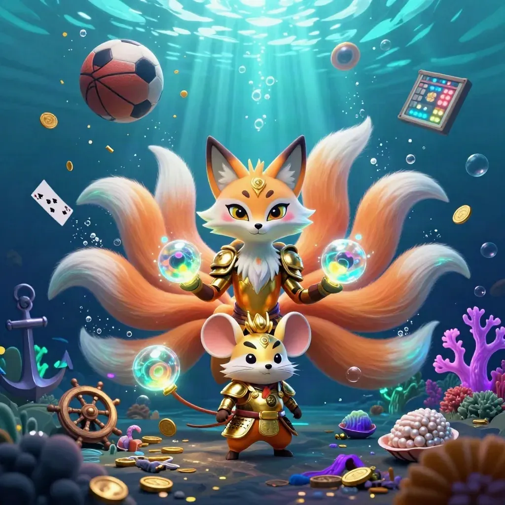 Neon underwater fox spirit and gold-armored mouse amid casino treasures and floating sports balls.