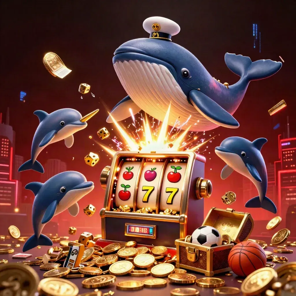 Cartoon whale, narwhal, dolphins and casino symbols burst through coins in a neon storm.