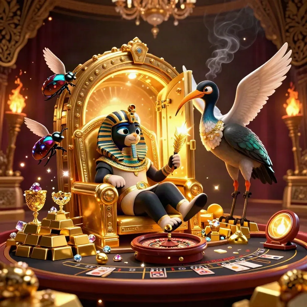 Pharaoh cat, ibis scribe and gem-winged scarabs amid vault gold, smoke and casino glam.
