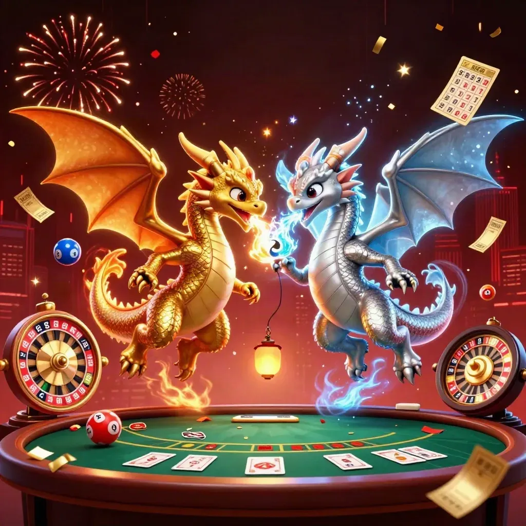 Gold and silver dragons swirl above casino props in a fiery neon room.