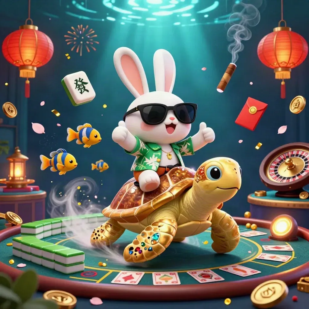 Cartoon rabbit on a golden sea turtle amid casino symbols in an underwater luxe room