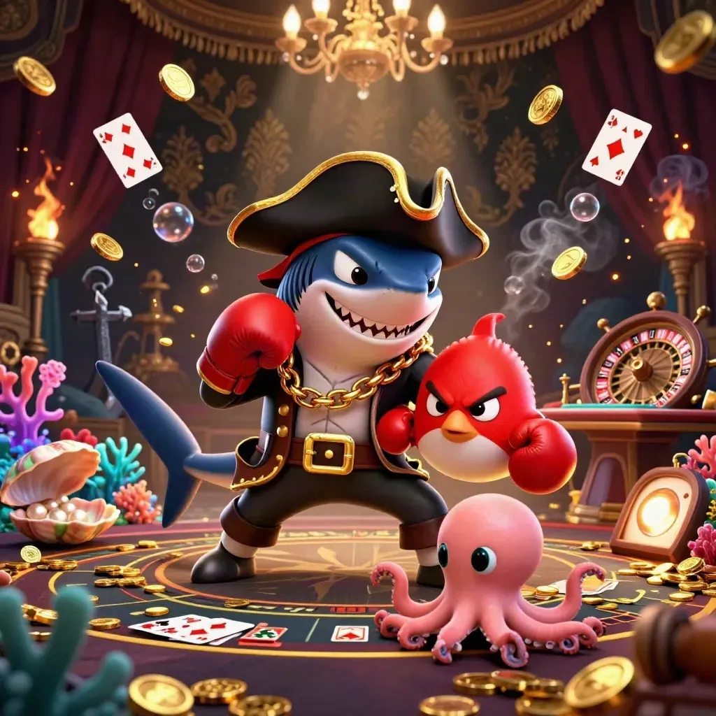 Pirate shark, boxing pufferfish, and coin-juggling octopus in a luxe underwater casino cove.