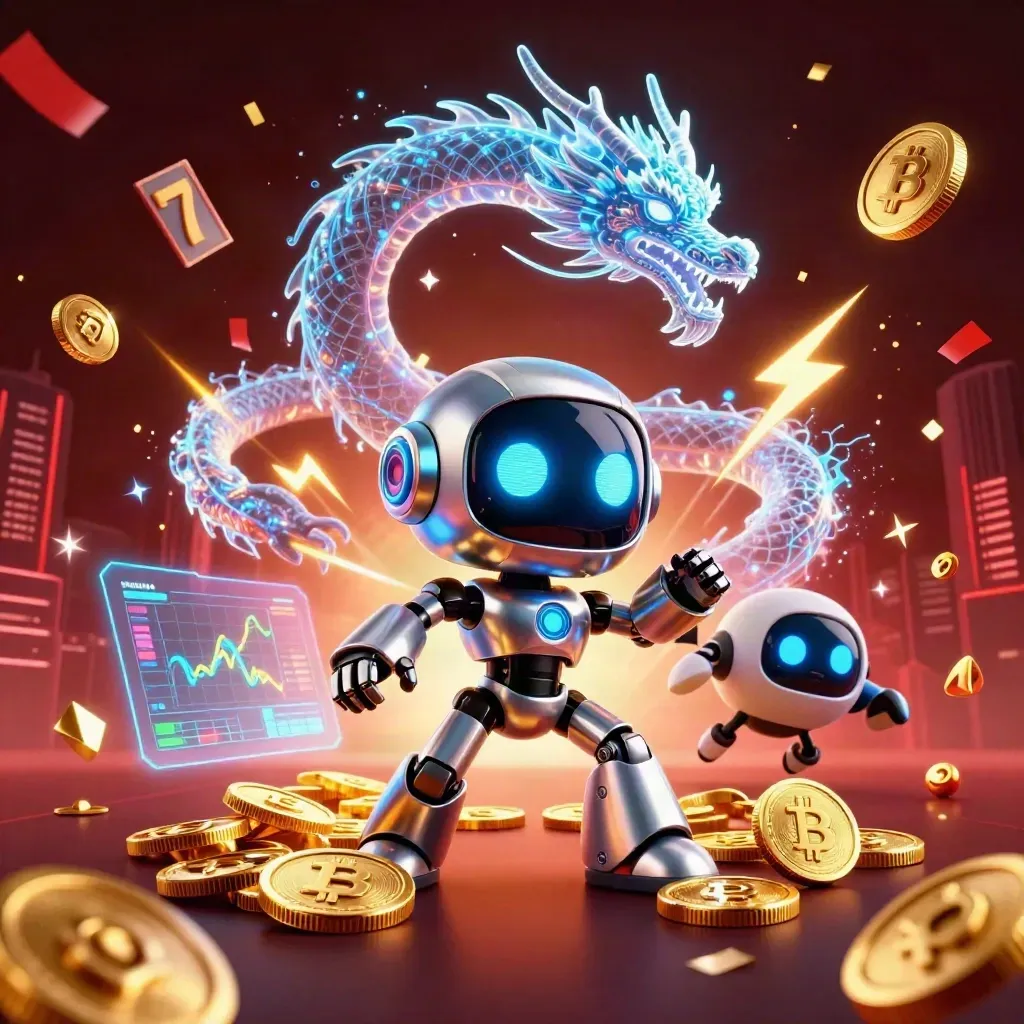 Cyberpunk robot, holographic dragon and coin drone amid bursting crypto coins and casino sparks.