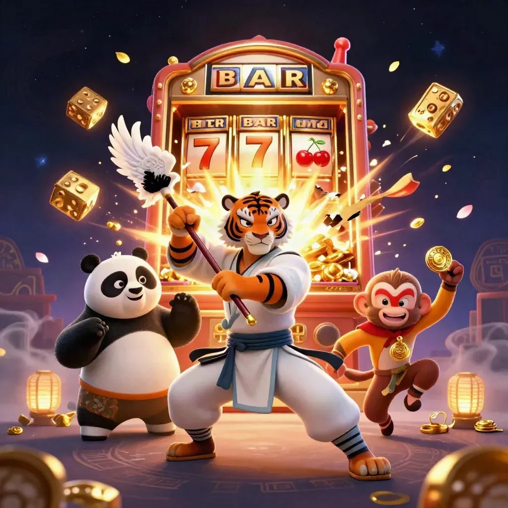 Kung-fu tiger, panda, and monkey amid exploding slot symbols and treasure in a neon casino burst.