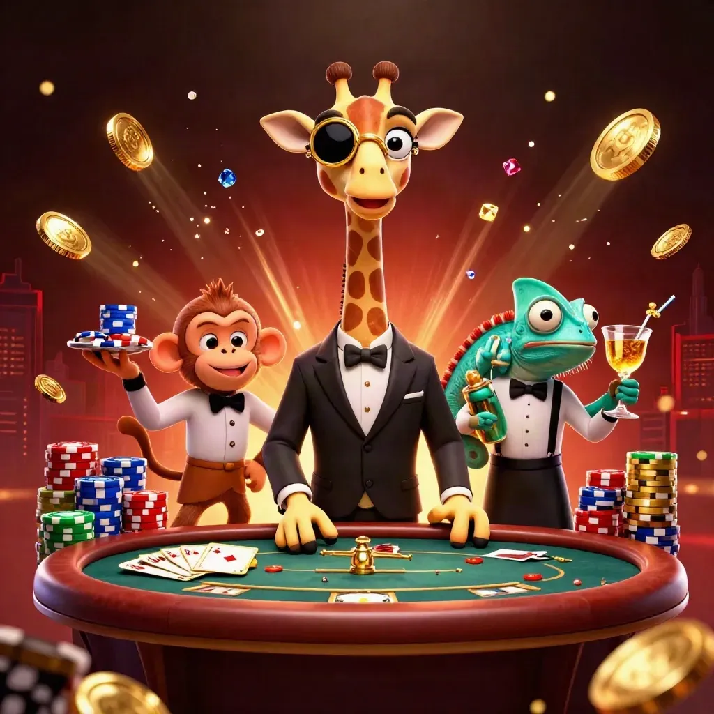 Cartoon giraffe, monkey, and chameleon in a luxe casino burst of coins, chips, cards, and gold light