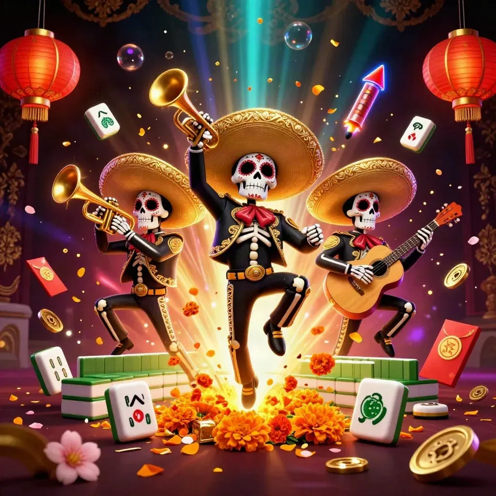 Skeleton mariachi trio amid casino tokens, lanterns, petals, gold glow, and neon cyan light.