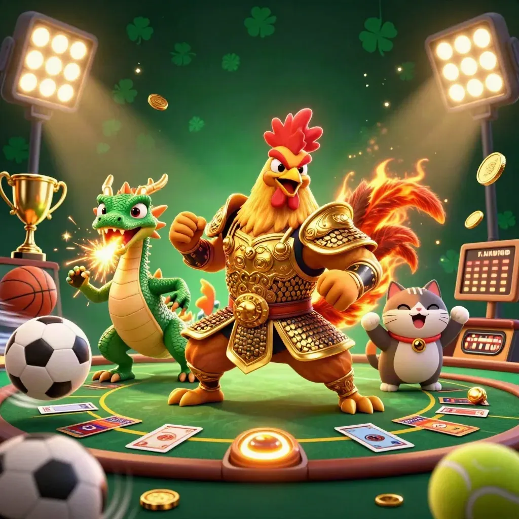 Rooster warrior, dragon hatchling, and fortune-cat in a gold casino victory burst with coins and sports balls.
