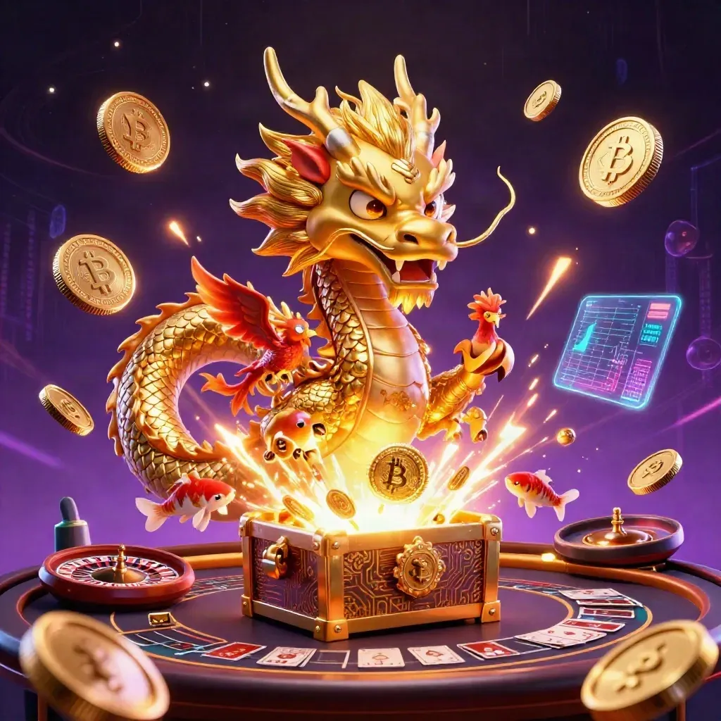 Golden dragon, phoenix, koi, coins, and casino lights bursting in a luxe neon scene.