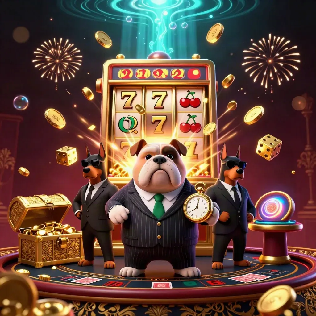 Cartoon bulldog boss and Doberman bodyguards amid coins, fireworks, slots, and casino lux.