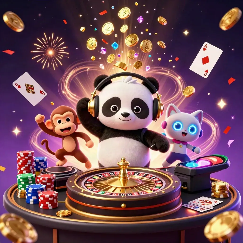 DJ panda, monkey, and kitten amid coins, chips, fireworks, and a starfield.