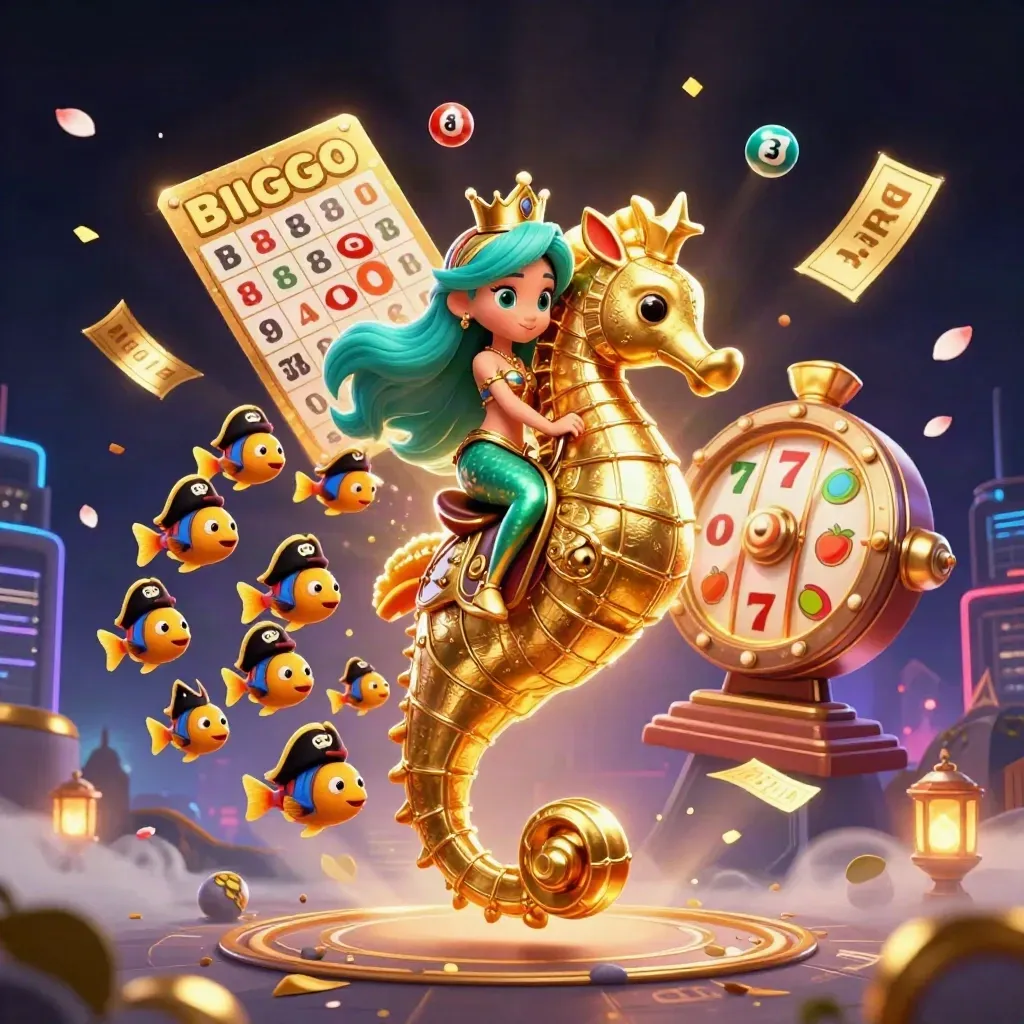 Mermaid princess on a golden seahorse amid casino treasures in neon indigo, gold and emerald.