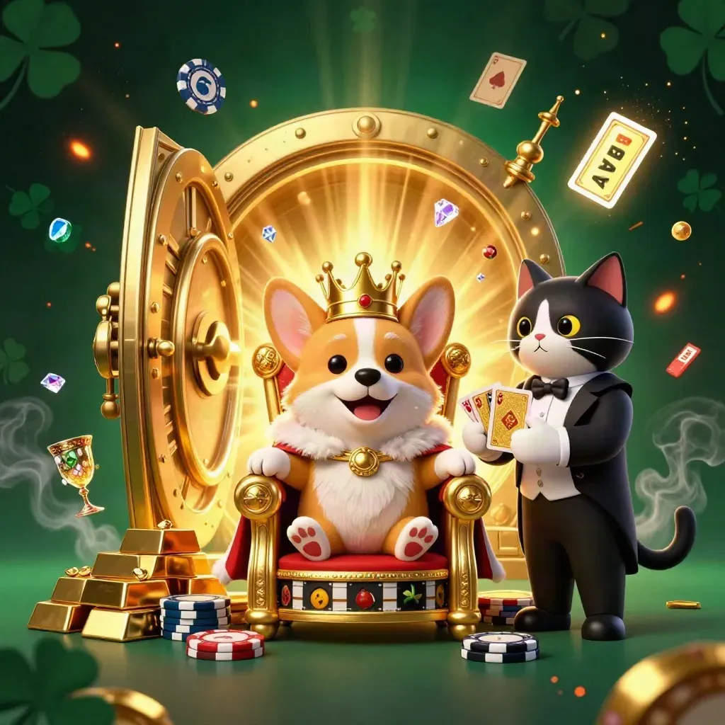 Royal corgi and cat butler amid vault, reels, gems, and emerald casino glow.