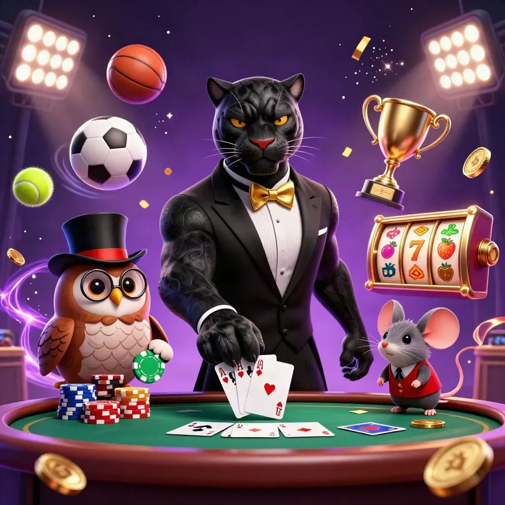 Black panther, owl, and mouse in a luxe casino scene with reels, coins, sports balls, and fireworks.
