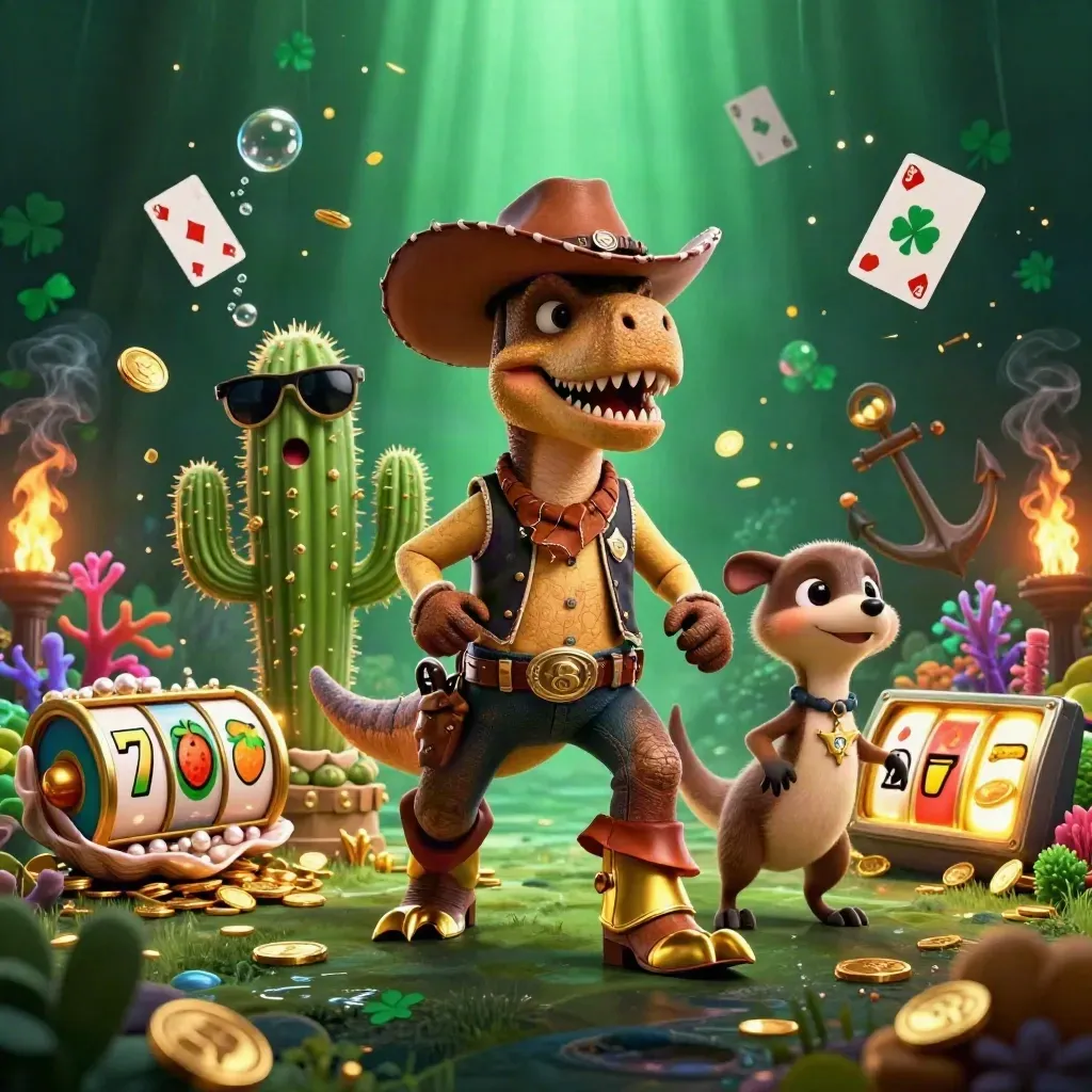 Cowboy T-Rex with cactus and roadrunner amid casino treasure and slot symbols.