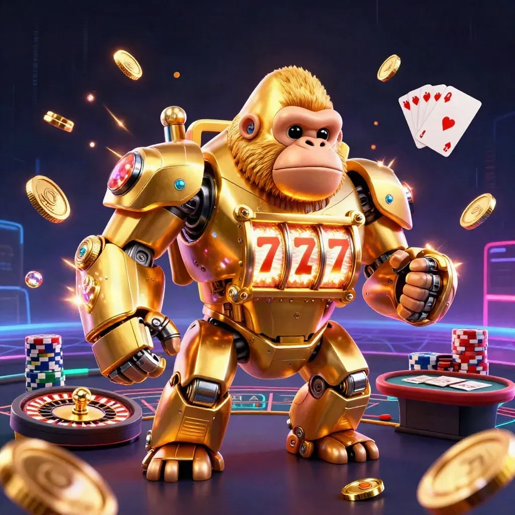 Golden gorilla mech with monkey pilot amid casino coins, reels, chips and neon glow.