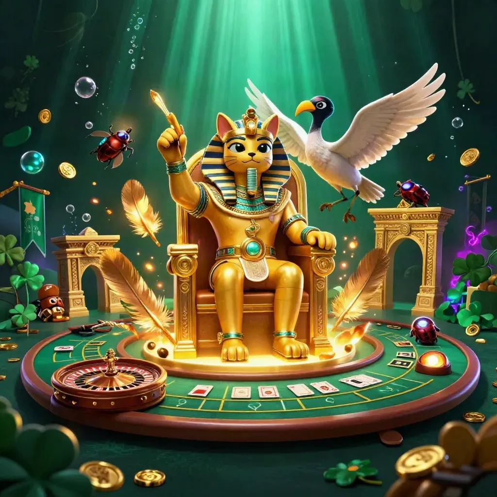 Pharaoh cat, ibis scribe, and gem-winged scarabs amid gold casino symbols and neon glow.